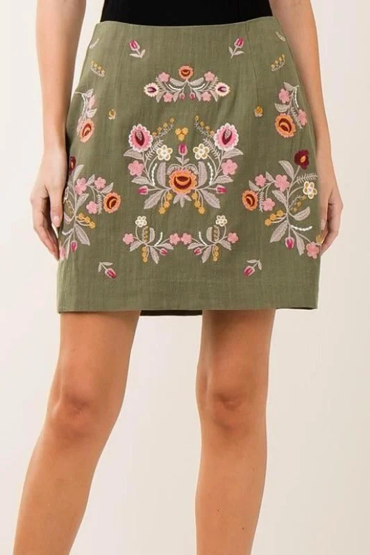 Entro Linen Embroidered Mini Skirt - Olive Mini Skirt Party