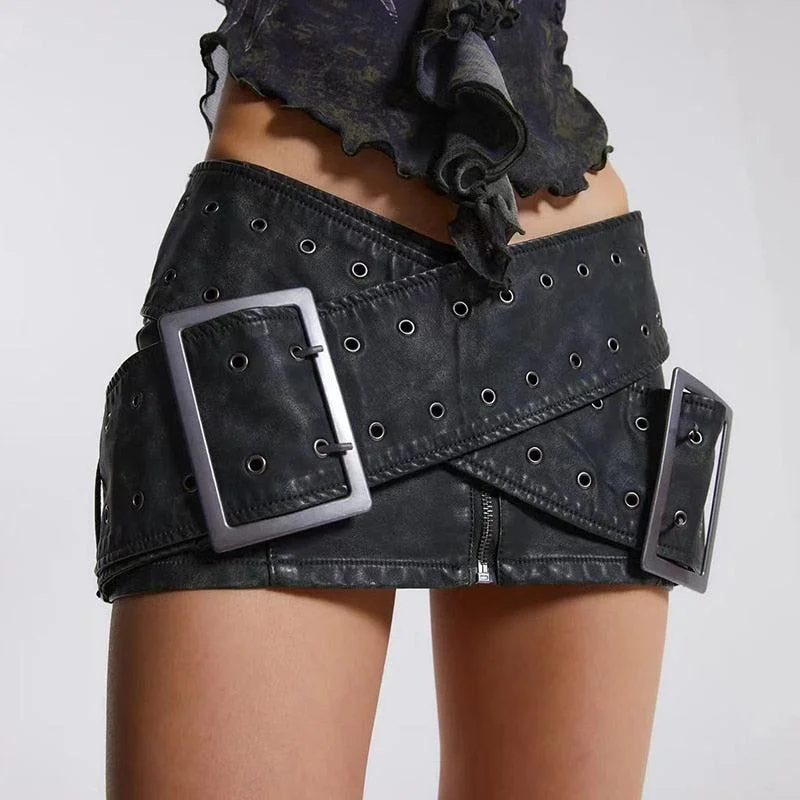 Grunge Cross Belt Faux Leather Mini Skirt Skater Mini Skirt