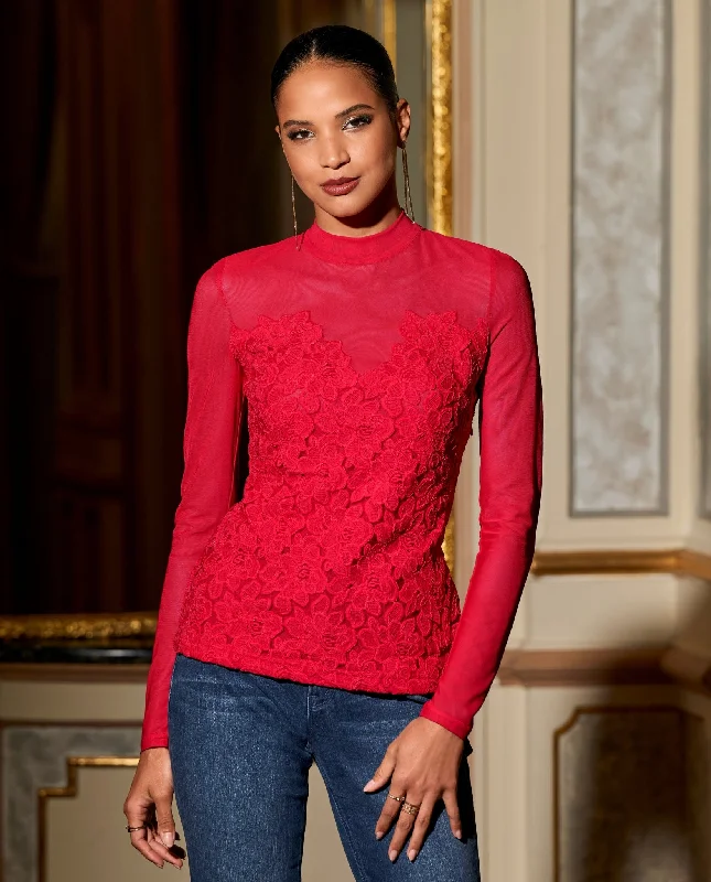 Lace Mesh Knit Top Racing Red Lace Dress Formal