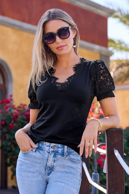 Lace Puff Sleeve V Neck Tee Black Lace Dress Lace