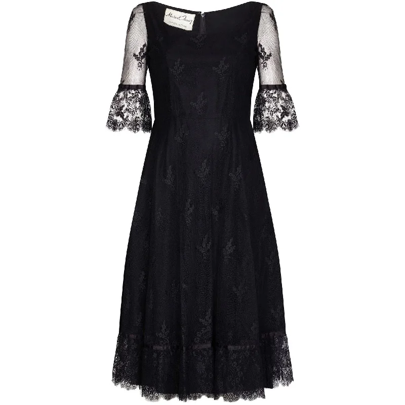 Marcel Fenez 1960s Black Cocktail Dress With Lace Cuffs Long Sleeve Lace Dress