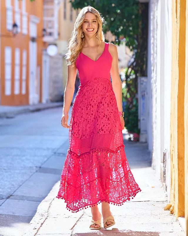 Mixed Media Lace Pom Pom Dress Blossom Lace Wedding Dress