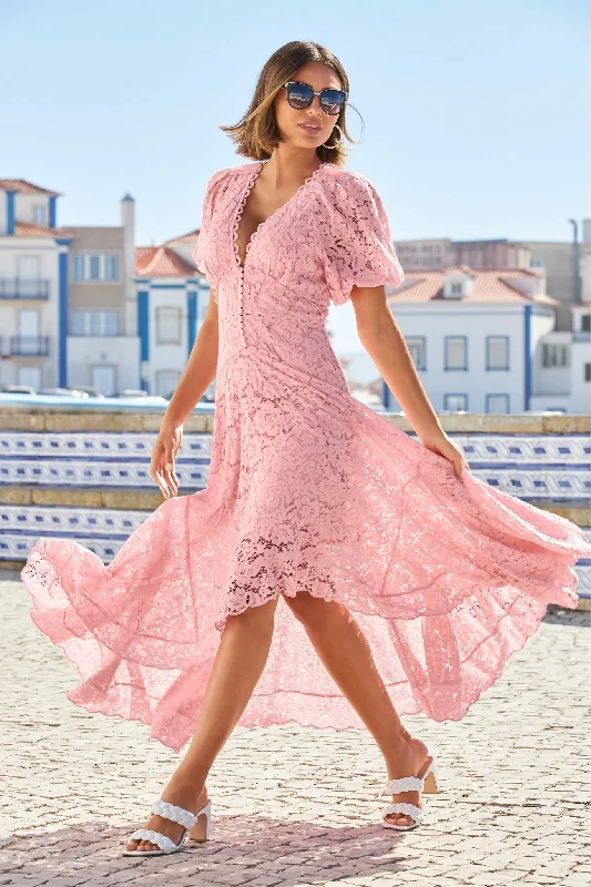 Puff Sleeve Lace High Low Dress Candy Pink Lace Dress Modern