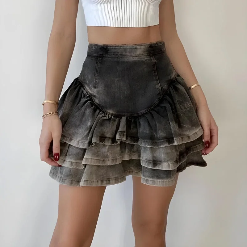 Ruffled Denim Mini Skirt Pleated Mini Skirt