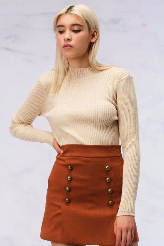 Cognac Gold Button Faux Suede Mini Skirt Mini Skirt with Lace