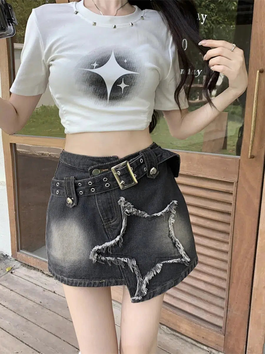 Y2K Star Asymmetric Denim Mini Skirt High-waist Skirt Trend