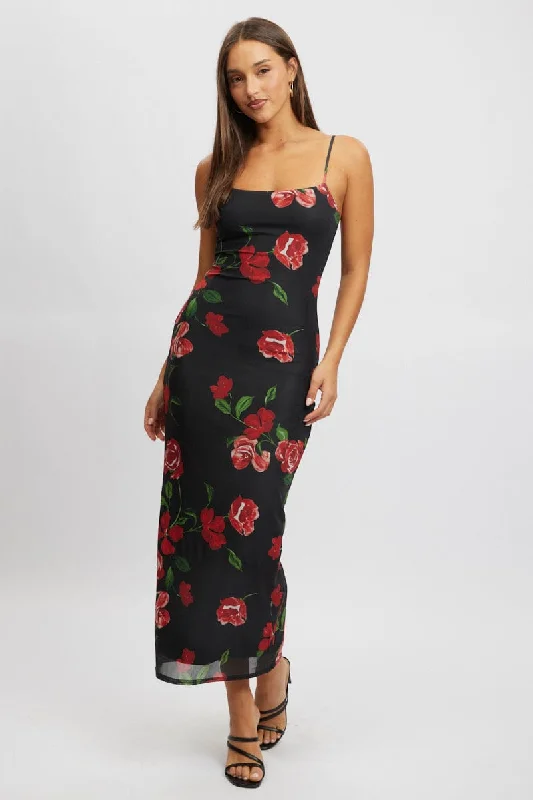 Black Floral Bodycon Dress Maxi Mesh Soft Maxi Skirt