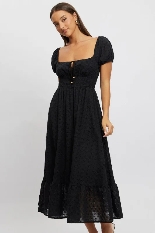 Black Maxi Dress Puff Sleeve Eyelet Fabric Stylish Maxi Skirt