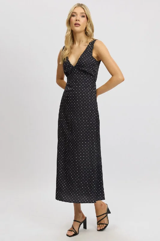 Black Polka Dot Maxi Dress V-neck Button-front Maxi Skirt