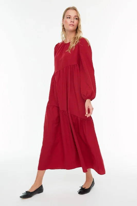 Claret Red Maxi Woven Dress Cotton Maxi Skirt