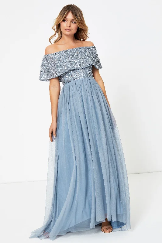 Embellished Bardot Maxi Dress Blue Casual Long Skirt