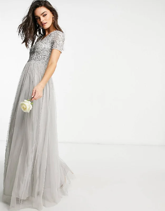 Grey V-Neck Short Sleeve Sequin Maxi Dress Long Boho Skirt