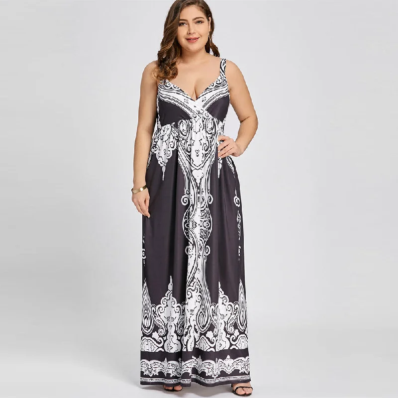 Plus Size Arab Print Sleeveless Maxi Dress V-Neck Empire Robe Long Vintage Spaghetti Strap Sexy Dress Summer Women 2019 Ruffle Long Maxi