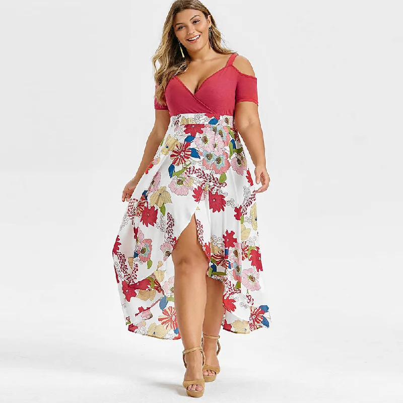 Plus Size Open Shoulder Floral Overlap Maxi Dress Asymmetrical Short Sleeves Cut Out High Waist V-Neck Bohemian Dress Comfortable Maxi Look