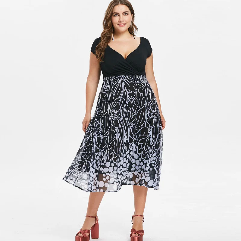 Plus Size Women Dress Plus Size A Line Printed Surplice Dress Summer vestidos Bodycon Casual V-Neck maxi dress 2019 Elegant Maxi Skirt