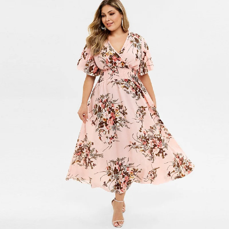 Plus Size Women Floral Print Bohemian Maxi Dress V-Neck Half Sleeves A-Line Dress High Wasit Bohemian Holiday Dress Boho Maxi Skirt