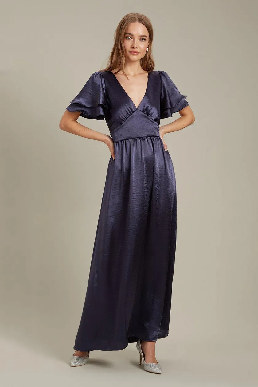 Satin Frill Sleeve Maxi Dress Navy Boho Maxi Skirt