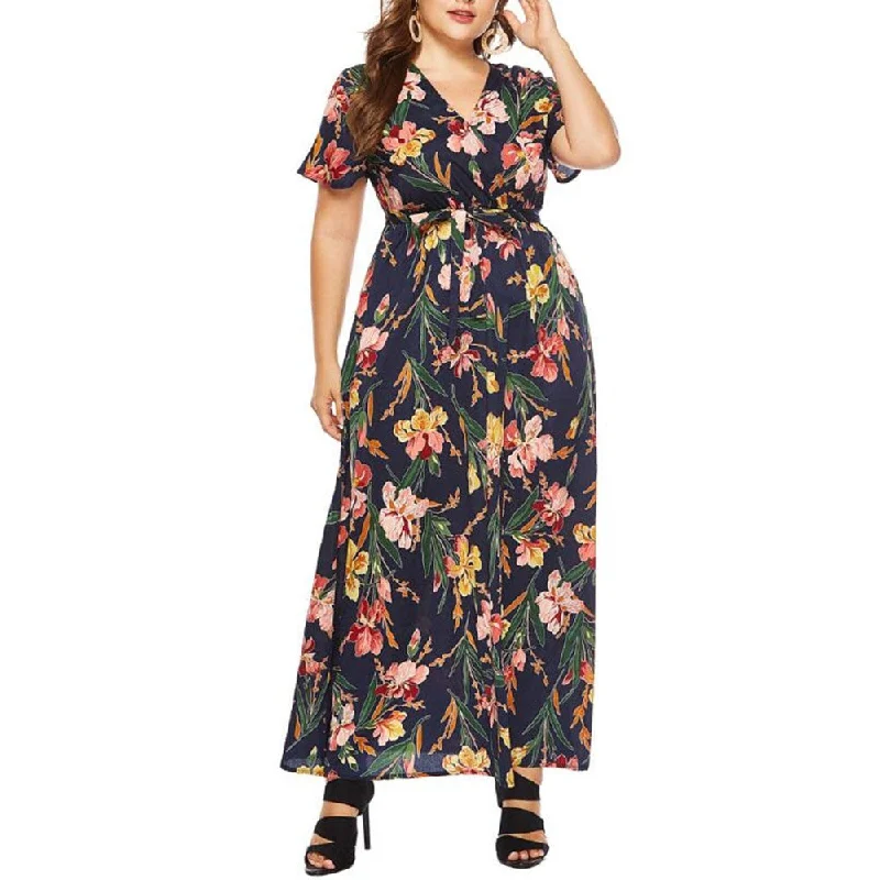 Women's Plus Size V-Collar Short Sleeve Print Long Dress Floral Print Summer Beach Bodycon Maxi boho Dress Women Robe vestido Printed A-line Maxi