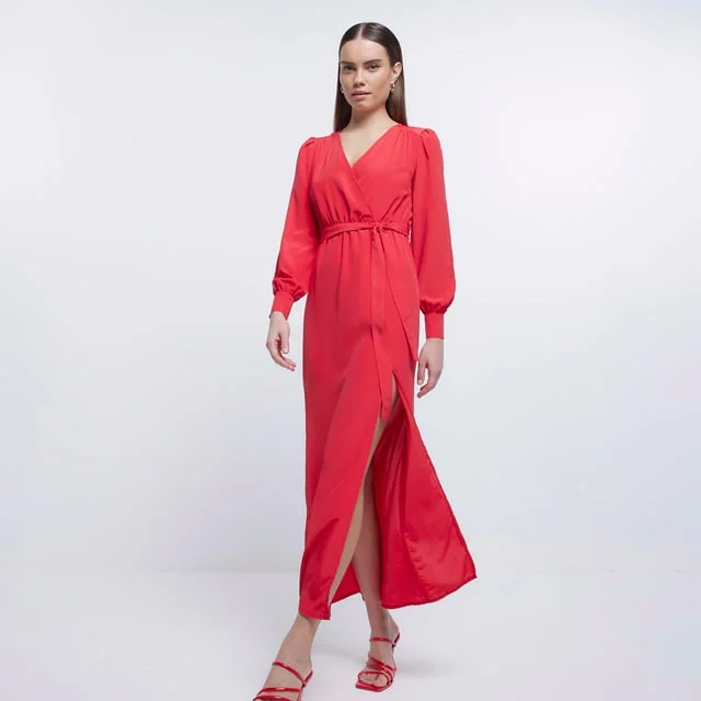 Wrap Dress Red Cara Midaxi Long Sleeve Printed A-line Maxi