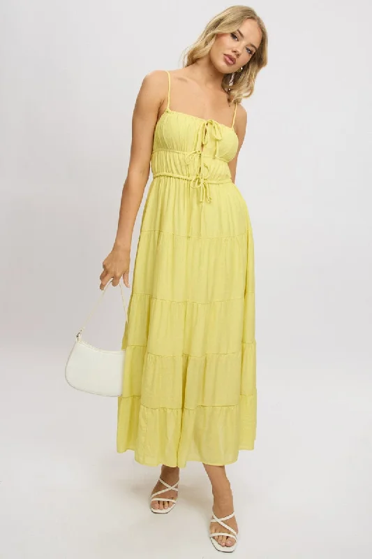 Yellow Maxi Dress Ruched Detail Front Pocket Maxi