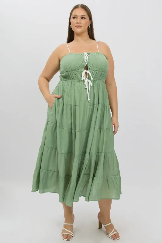 Green Midi Dress Sleeveless Contrast Ribbon Cotton Midi Skirt