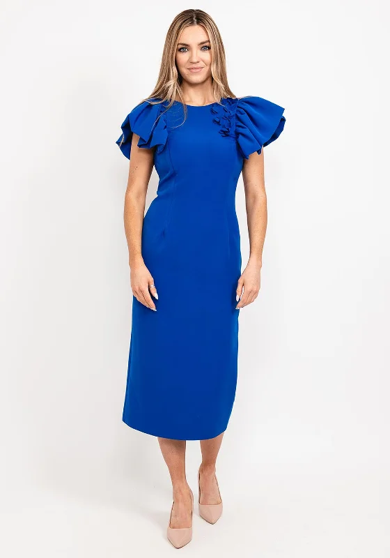 Herysa Puff Frill Shoulder Midi Dress, Royal Blue Ribbed Midi Skirt