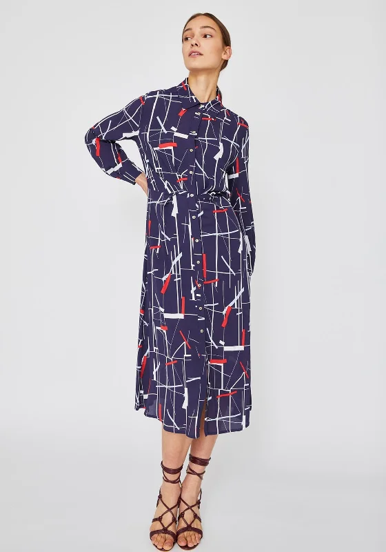 iBlues Giralda Print Midi Shirt Dress, Navy Multi Ruffled Floral Skirt