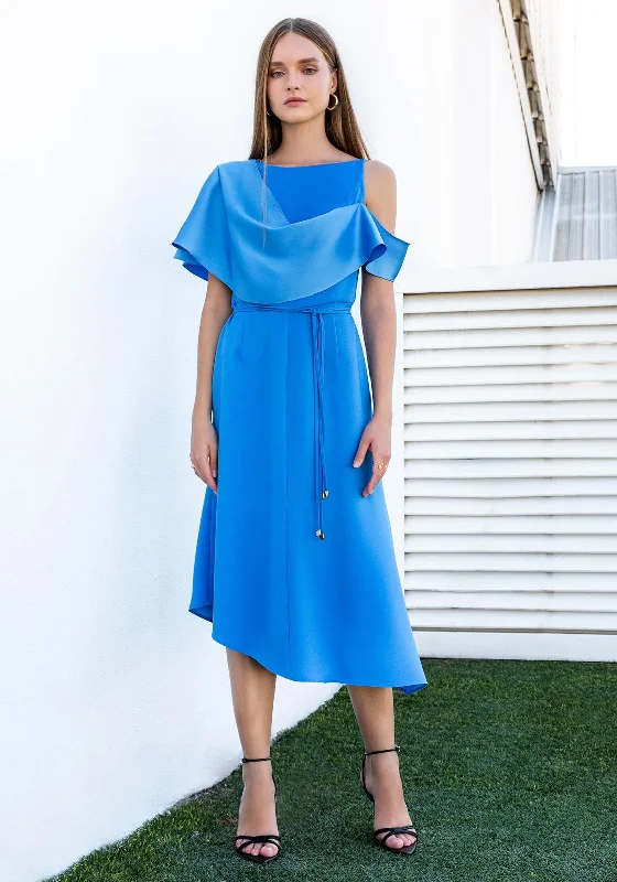 Kameya Asymmetric Cut Midi Dress, Azure Blue Midi Skirt Outfit