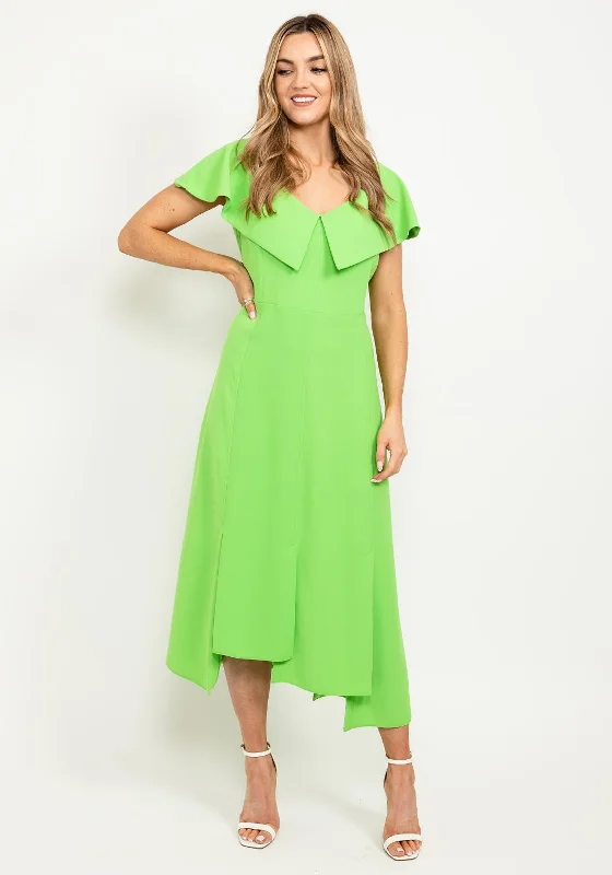 Kameya Button Back Folded Neck Midi Dress, Green Soft Wool Midi