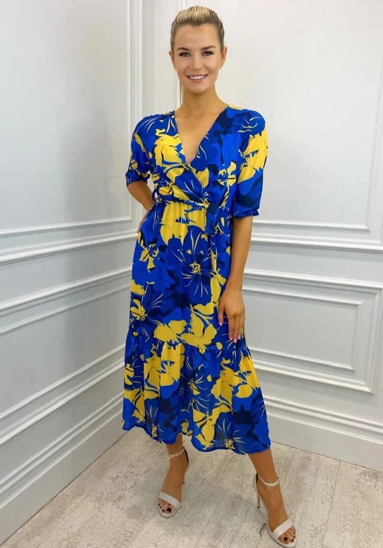 Kate & Pippa Boho Panel End Printed Midi Dress, Blue & Yellow Elegant A-line Skirt