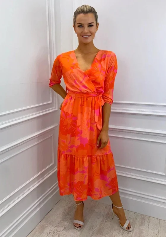 Kate & Pippa Boho Tropical Print Midi Dress, Orange & Pink Elegant Midi Dress