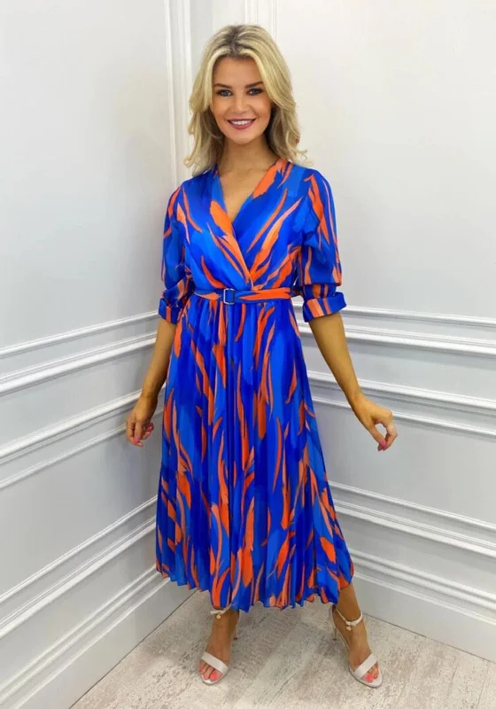 Kate & Pippa Positano Print Midi Dress, Blue & Orange Fitted Midi Skirt