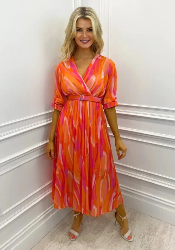 Kate & Pippa Positano Print Midi Dress, Orange & Pink Pleated Satin Skirt