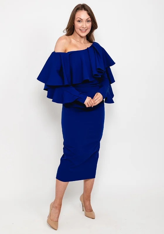 Kevan Jon Oleanna Frill Neckline Midi One-Shoulder Dress, Cobalt Blue Soft A-line Skirt