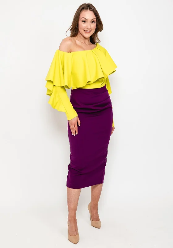 Kevan Jon Oleanna Frill Neckline Midi One-Shoulder Dress, Lime & Purple Ribbed Midi Skirt