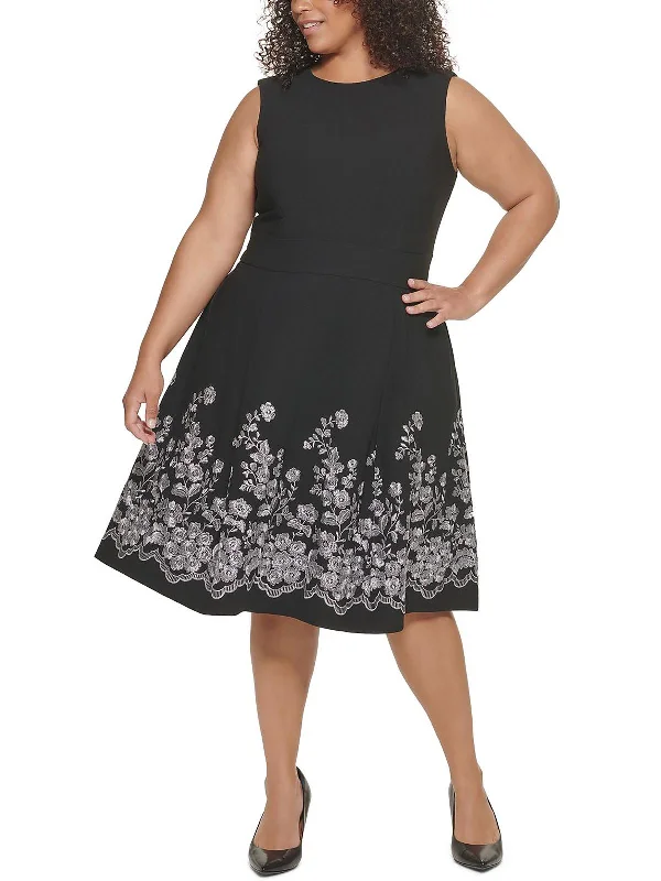 Plus Womens Embroidered Midi Fit & Flare Dress Wool Midi Skirt