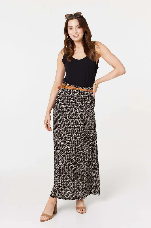 Printed A-Line Belt Maxi Skirt Sporty Midi Skirt