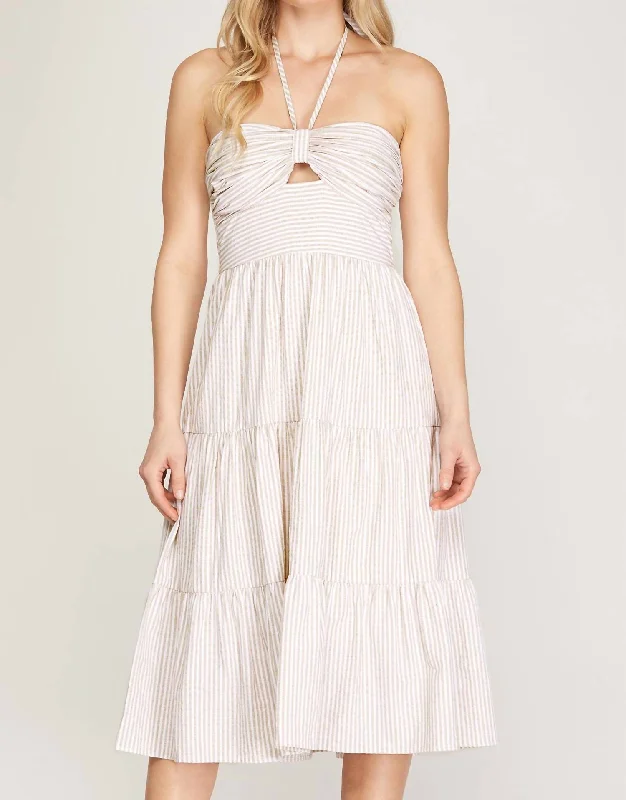 Tallulah Falls Sleeveless Halter Midi Dress in White/Tan Bohemian Midi Skirt