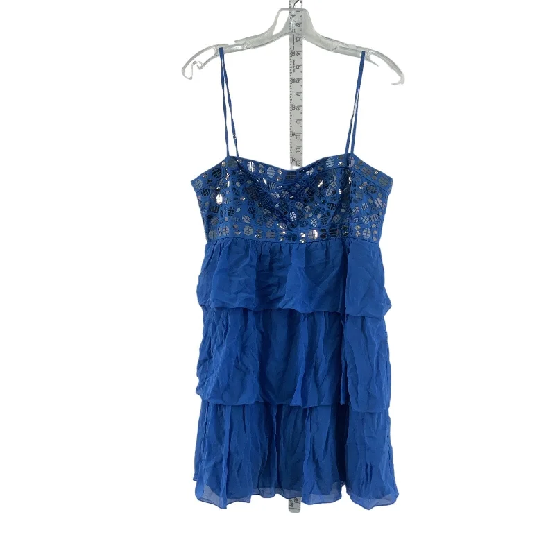 BCBGMAXAZRIA Blue Silk Glam Sequin Womens Tiered Tank Dress Size 12 Preowned Sequin Dress Sleeveless