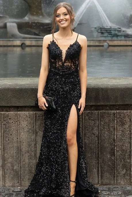 Black Spaghetti Straps V-Neck Sequined Mermaid Prom Dress with Slit Sequin Cocktail Gown