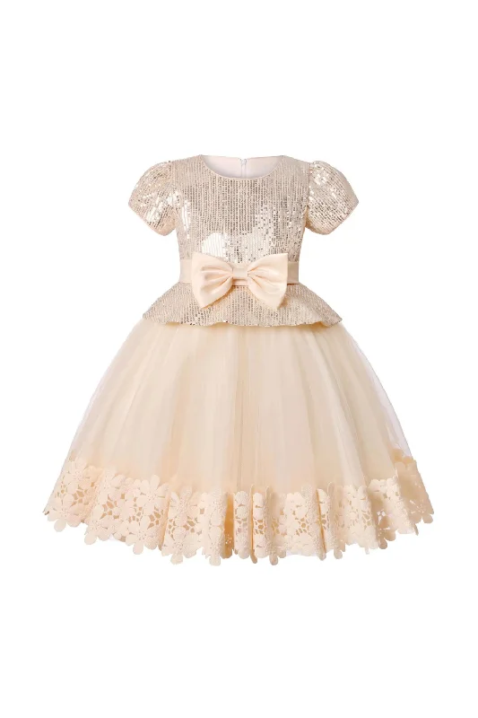 Girl Sequins Christmas Dress Lace Hem Kids Birthday Princess Clothing Toddler Infant Golden Bow Children Gowns Sequin Wrap Dress