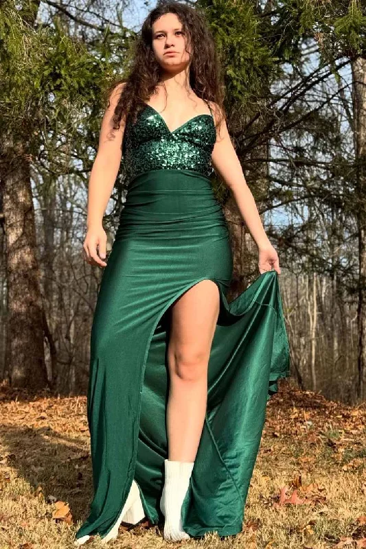 Green Spaghetti Straps V-Neck Pleats Mermaid Prom Dress with Sequins Vintage Sequin Dress