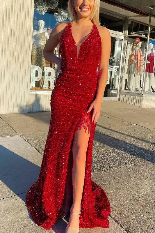 Red Halter V-Neck Sequined Mermaid Sleeveless Prom Dress with Slit Long Sleeve Sequin