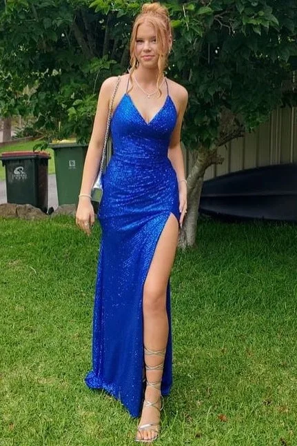 Royal Blue Sequined Spaghetti Straps High Slit Formal Prom Dress Sequin Dress Trend