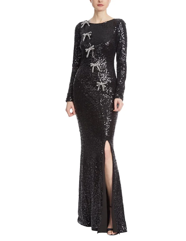 Sequin Bow Boat Neck Gown in Black Sequin Bodycon Dress