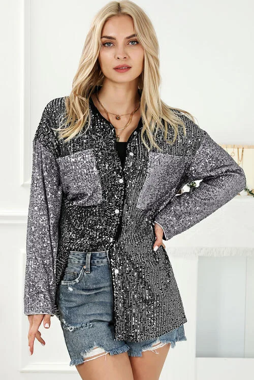 Sequin Button Up Collared Neck Shirt Shiny Sequin Dress