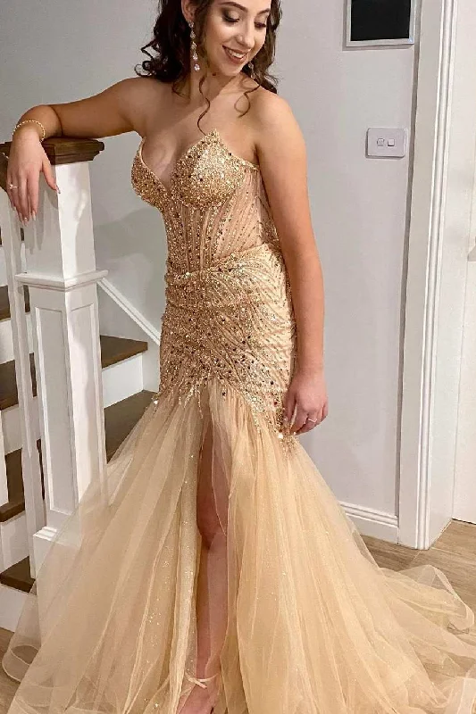 Strapless V-Neck Sequins Appliques Mermaid Formal prom Dress with Slit Sequin Gown Chic