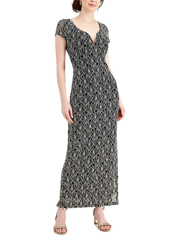 Womens Lace Overlay Sequined Evening Dress Sequin Dress Fit