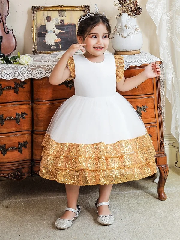 Ball Gown Scoop Flying Sleeves Flower Girl Dresses with Sequins Ruffled Sequin Dress