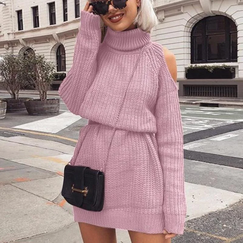 Autumn Winter Turtleneck Off Shoulder Knitted Sweater Dress Women Solid Slim Plus Size Long Pullovers Knitting Jumper Plus Size Long